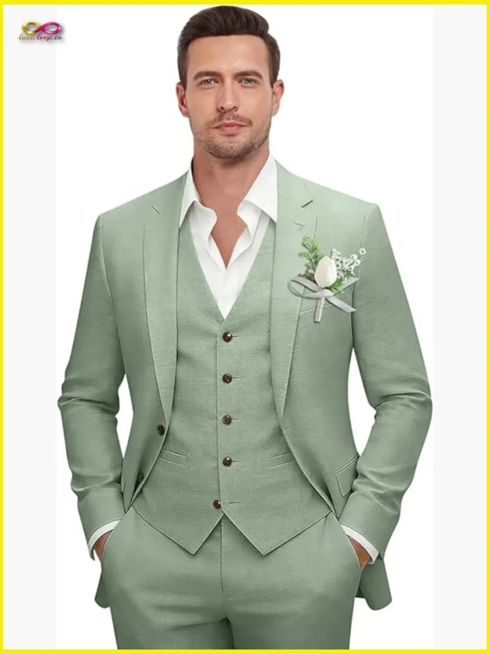 Retro Slim Fit Linen Suit Set 3 Piece Tuxedo Jacket Vest Pants Wedding